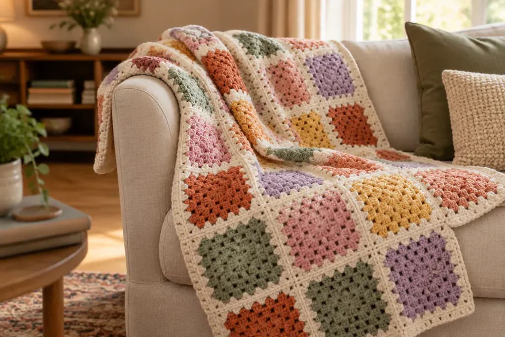 Una coperta di granny square colorate appoggiata sul bracciolo di un divano (immagine illustrativa)