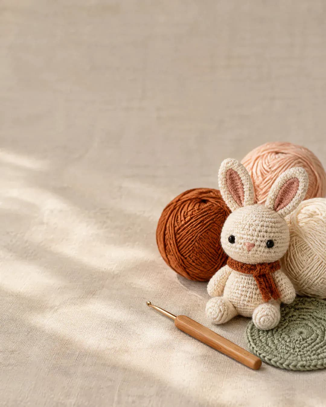 Gomitoli di cotone, un uncinetto, un coniglietto amigurumi e un sottobicchiere su una tovaglia di lino (immagine illustrativa)