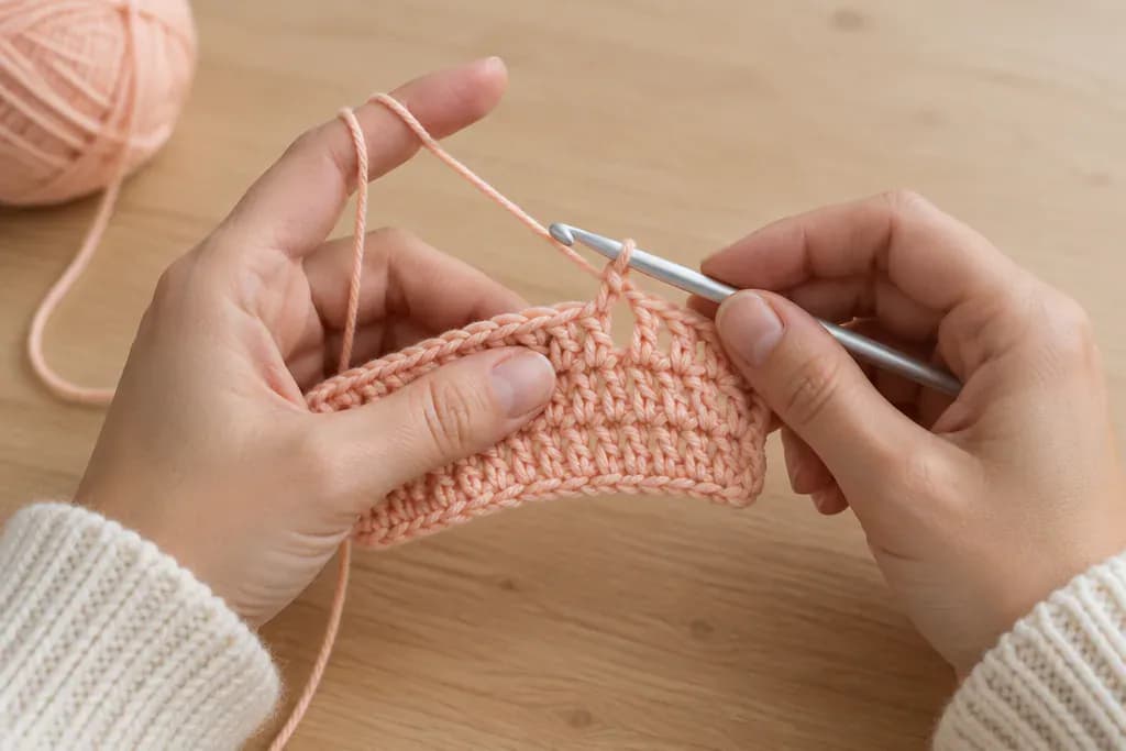 Due mani lavorano all'uncinetto un campione di maglie alte in cotone rosa pesca (immagine illustrativa)